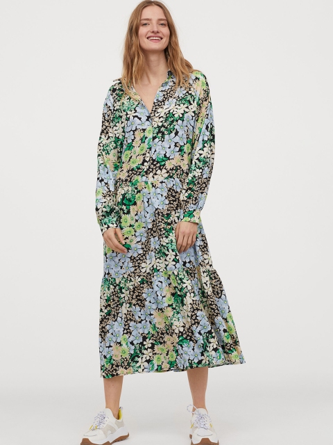 

H&M Women Black & Green Collared Dress