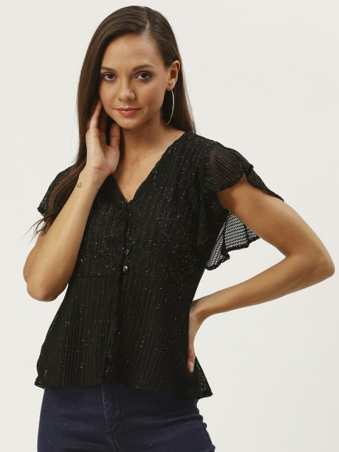 

Carlton London Women Black Self Striped A-Line Top With Sheen Detail