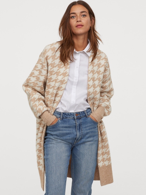 

H&M Women Beige & White Jacquard-Knit Cardigan