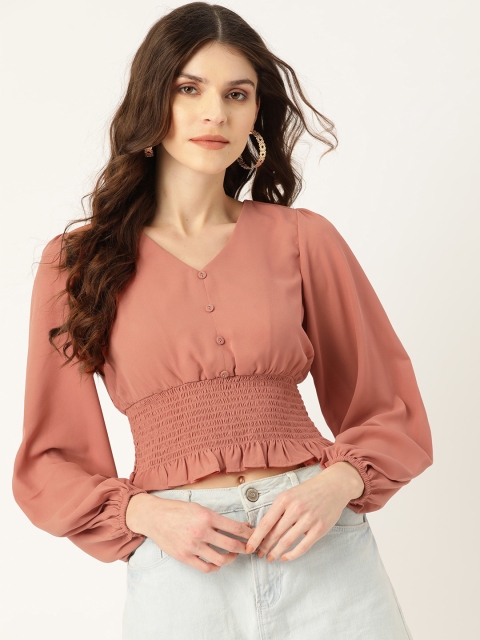 

20Dresses Women Peach-Coloured Solid Smocked Cinched Waist Top