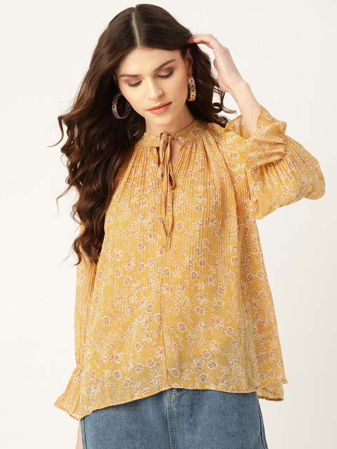 

20Dresses Women Mustard Yellow & Brown Printed Accordion Pleats A-Line Top