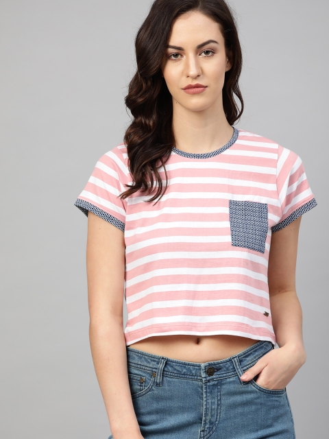 

Roadster Women Pink White Striped Round Neck Pure Cotton T-shirt