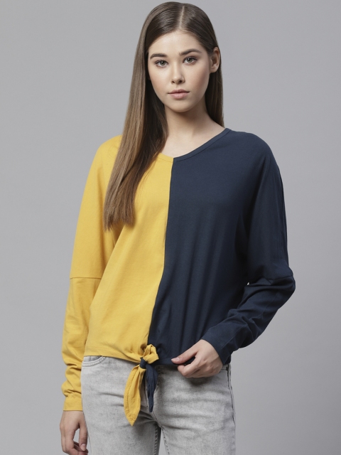 

Roadster Women Mustard Yellow & Navy Blue Colourblocked Blouson Top