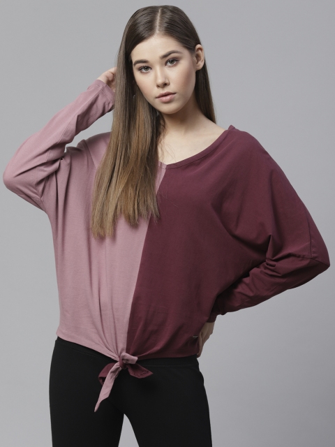 

Roadster Women Mauve & Maroon Colourblocked Blouson Pure Cotton Top