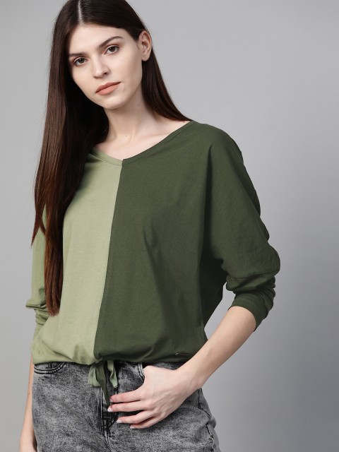 

Roadster Women Green Colourblocked Pure Cotton Top