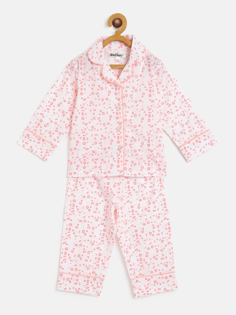 

Nauti Nati Girls White & Coral Orange Printed Night suit