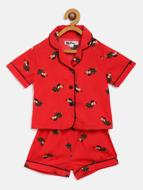 

Nauti Nati Girls Red & Black Printed Night Suit