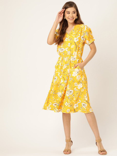 

DressBerry Women Yellow & White Floral Printed A-Line Dress