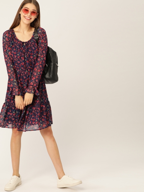 

DressBerry Women Navy Blue & Red Floral Printed A-Line Dress