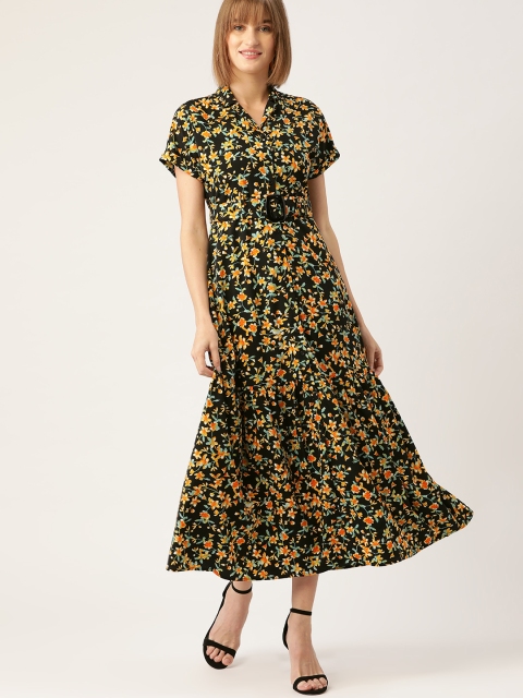 

DressBerry Women Black & Yellow Floral Print Shirt Maxi Dress