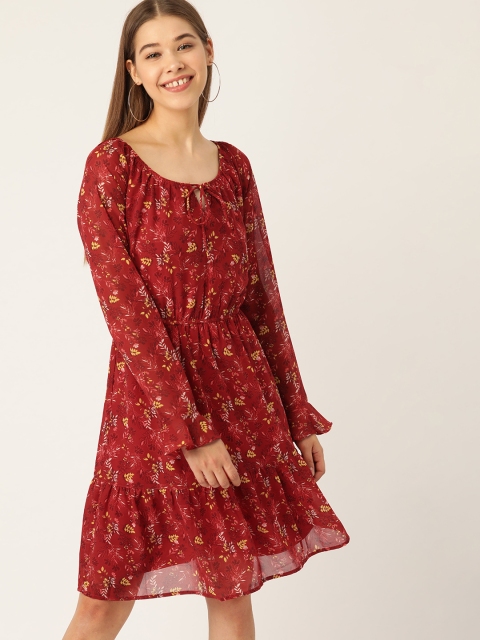 

DressBerry Women Maroon & Yellow Floral Print Tiered A-Line Dress