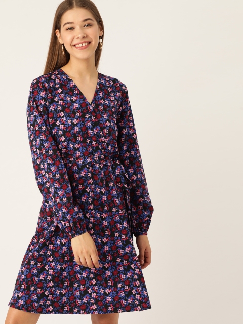 

DressBerry Women Black & Blue Floral Print Wrap Dress