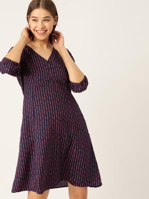 

DressBerry Women Navy & Pink Printed A-Line Dress, Navy blue