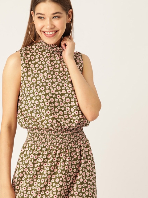 

DressBerry Women Olive Green & Pink Floral Printed Blouson Dress