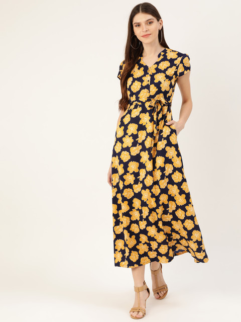 

DressBerry Women Navy Blue & Mustard Yellow Floral Printed Maxi Dress