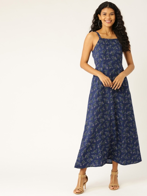 

DressBerry Women Navy Blue & Green Smocked Floral Printed Maxi Dress