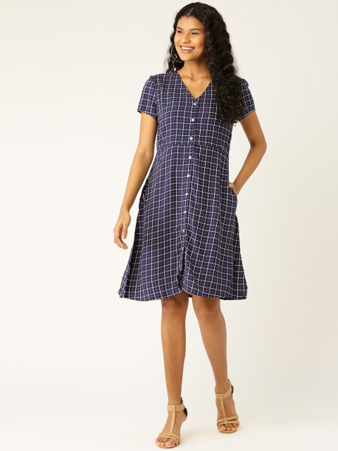

DressBerry Navy Blue & Off White Checked A-Line Sustainable Dress