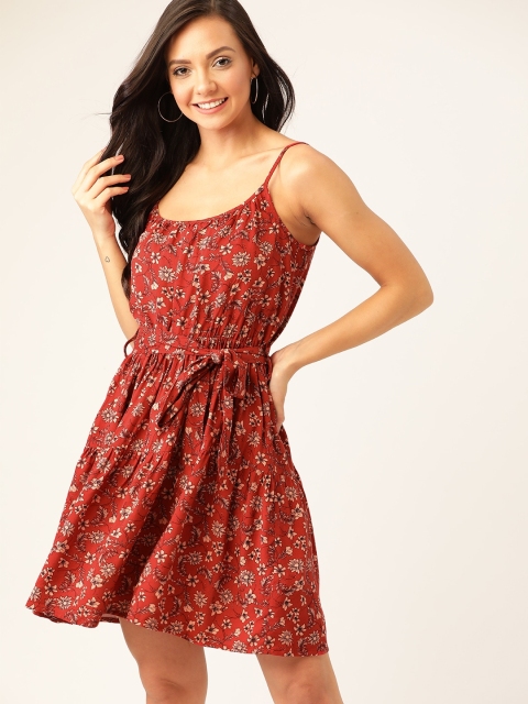 

DressBerry Rust Red & Pink Floral Printed Tiered A-Line Sustainable Dress