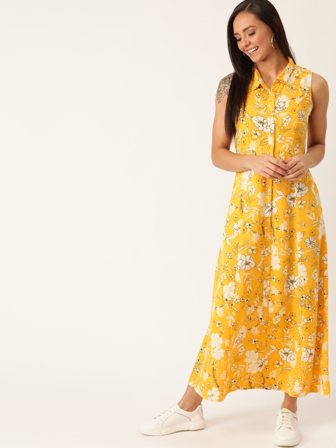 

DressBerry Women Mustard Yellow & Off-White Floral Print Shirt Maxi Dress