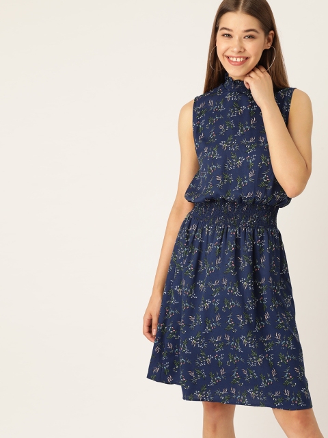 

DressBerry Women Navy Blue & Green Floral Print A-Line Dress