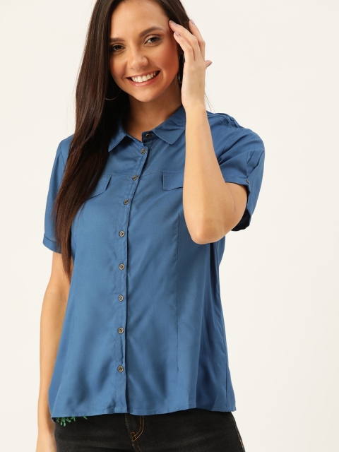 

DressBerry Women Teal Blue Regular Fit Solid Casual Sustainable Shirt