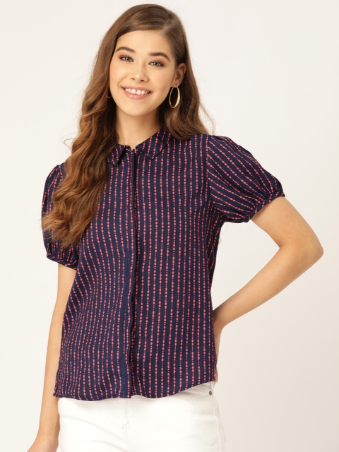

DressBerry Women Navy Blue & Pink Regular Fit Striped Casual Shirt