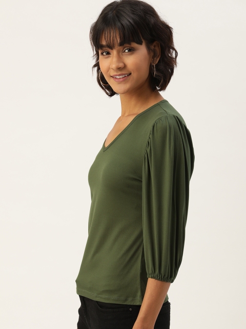 

DressBerry Women Olive Green Solid Fitted Top With Puff Sleeves