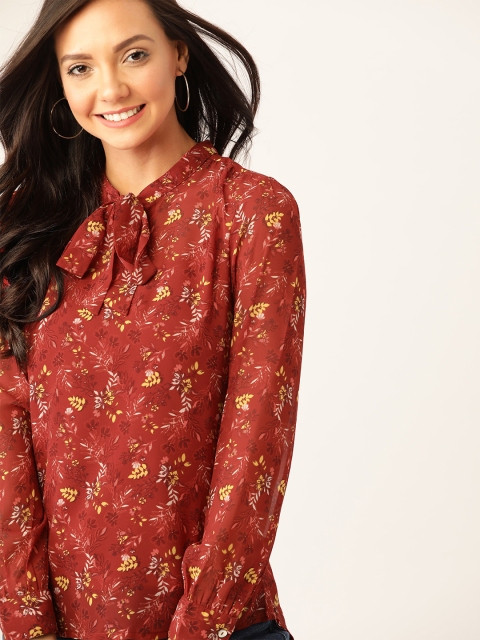 

DressBerry Women Rust Red & Yellow Floral Printed Top