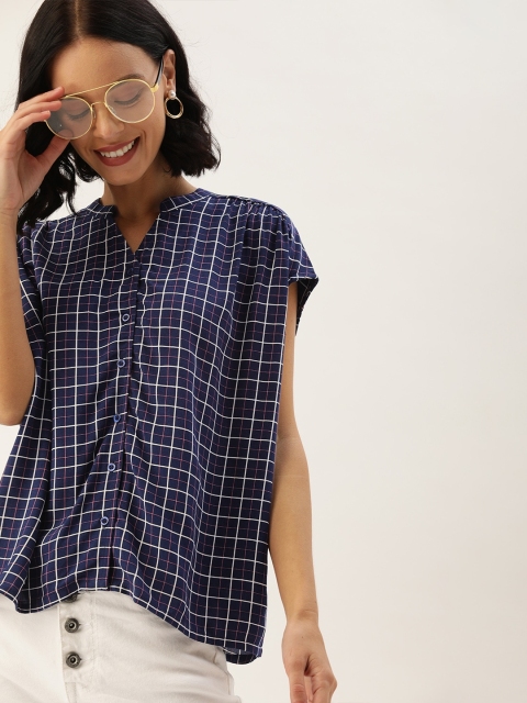 

DressBerry Sustainable ECOVERO Women Navy Blue & White Checked Top
