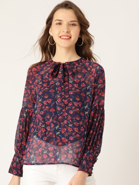 

DressBerry Women Navy Blue Semi-Sheer Floral Print Top