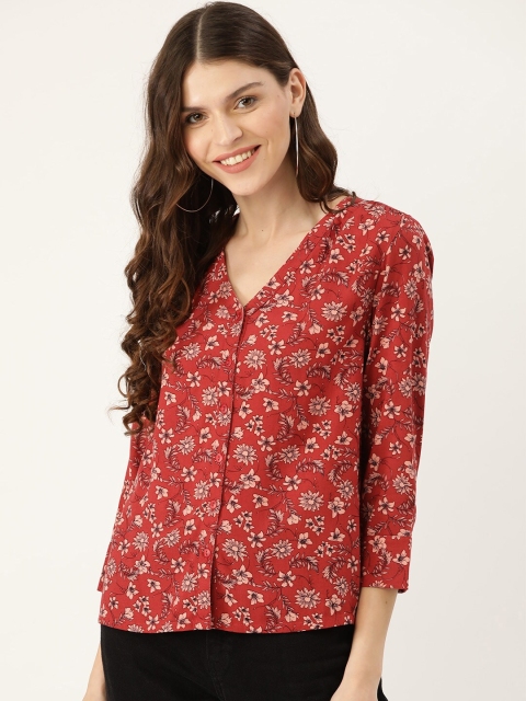 

DressBerry Sustainable ECOVERO Women Red & Peach-Coloured Floral Print Top