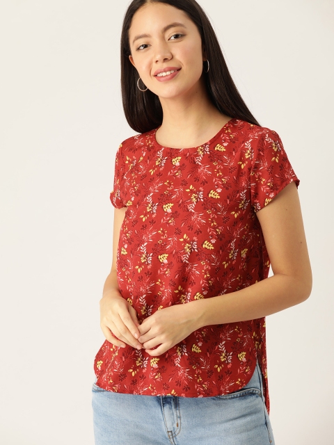 

DressBerry Women Rust Red & Yellow Floral Printed High-Low Top