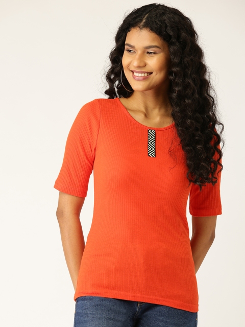 

DressBerry Women Coral Orange Ribbed Fitted Top