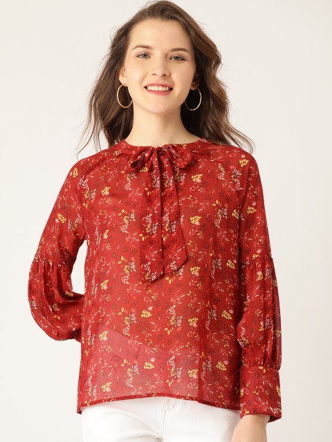 

DressBerry Women Rust Red & Yellow Floral Print Tie-Up Neck Top