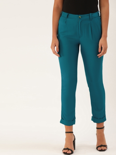 

DressBerry Women Teal Blue Regular Fit Solid Pleated Cropped Trousers