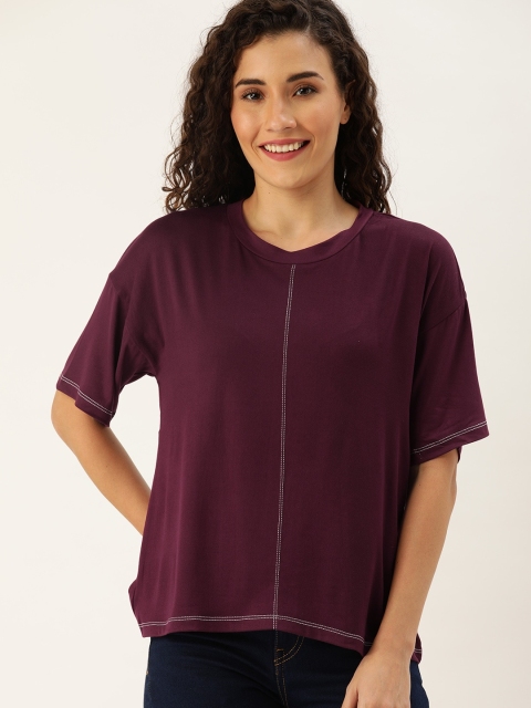 

DressBerry Women Burgundy Solid Round Neck T-shirt