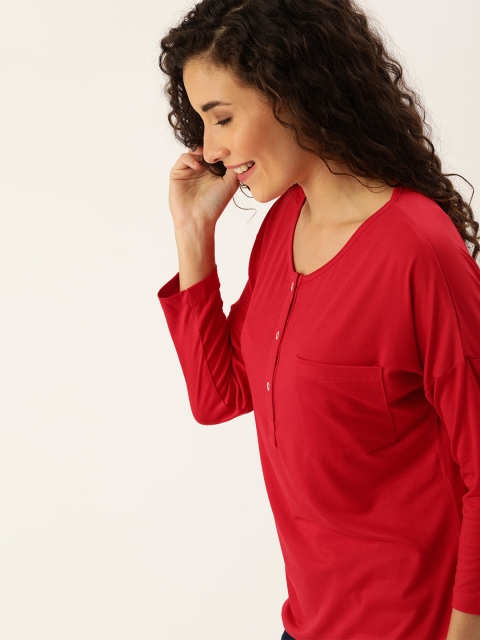 

DressBerry Women Red Solid Henley Neck T-shirt With Chest Pocket