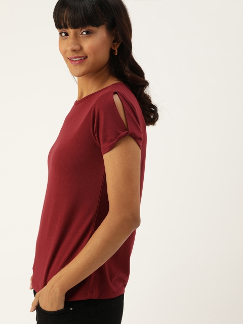 

DressBerry Women Maroon Solid Round Neck T-shirt With Cut-Out Sleeves