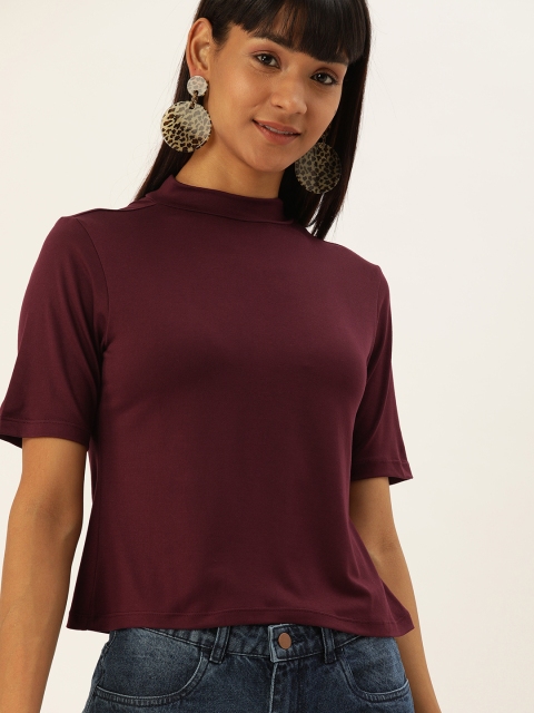 

DressBerry Women Burgundy Solid High Neck T-shirt