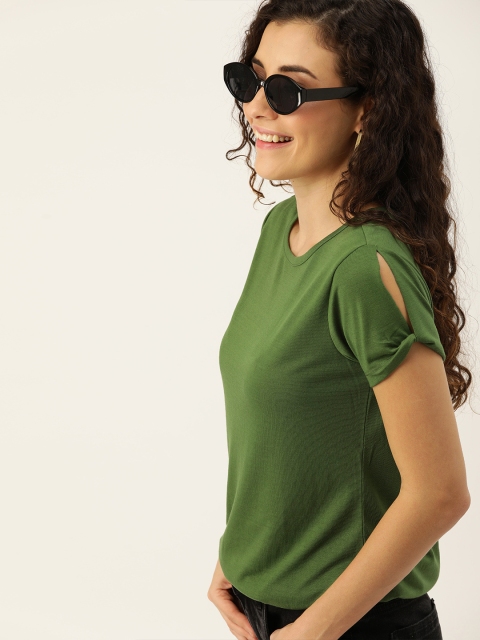 

DressBerry Women Olive Green Solid Round Neck T-shirt With Cut-Out Sleeves