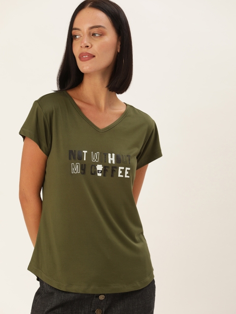 

DressBerry Women Olive Green Printed V-Neck T-shirt
