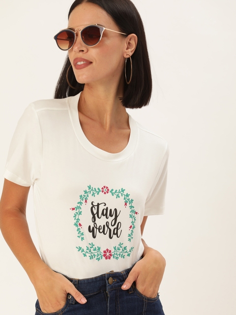 

DressBerry Women White Printed Round Neck T-shirt