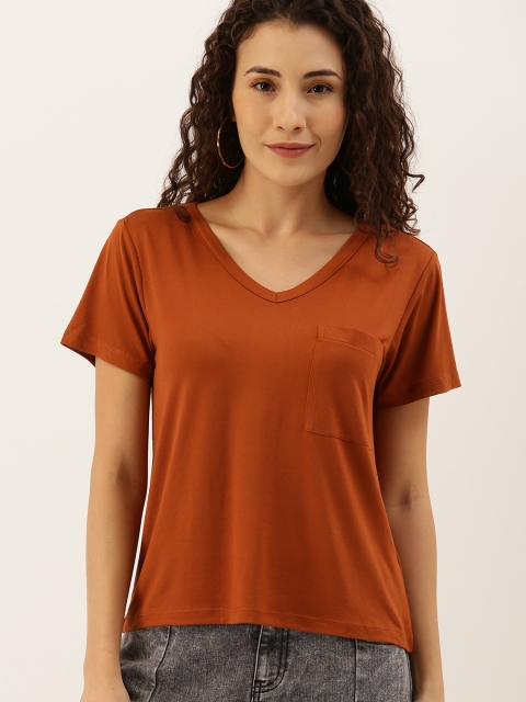 

DressBerry Women Brown Solid V-Neck T-shirt with Pocket