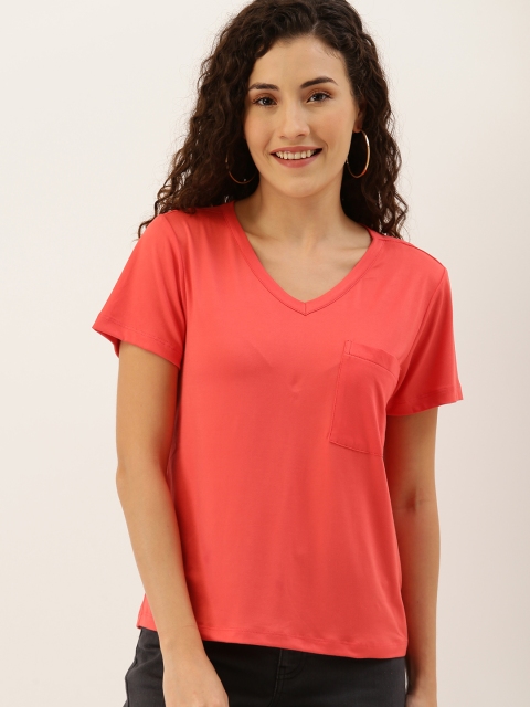 

DressBerry Women Coral Red Solid V-Neck T-shirt with Pocket