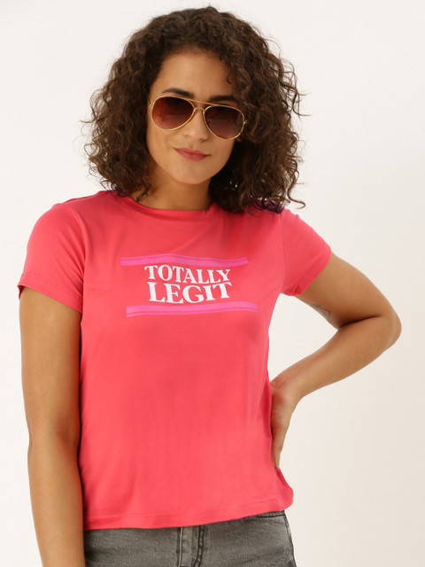 

DressBerry Women Coral Pink Printed Round Neck T-shirt