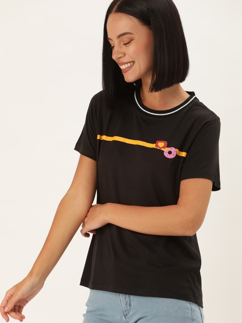 

DressBerry Women Black Solid Round Neck T-shirt With Printed Detailing