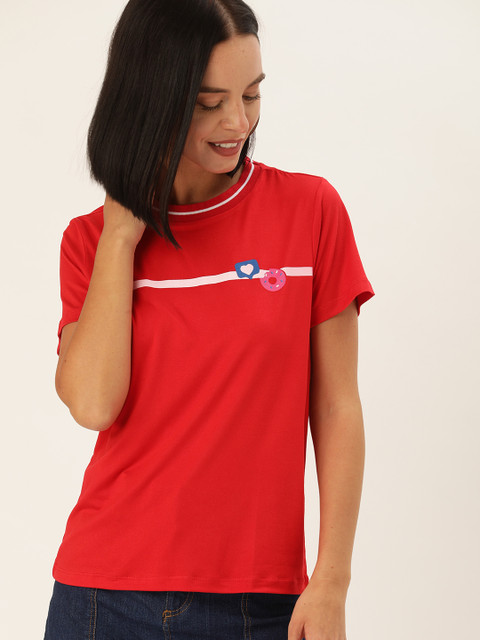

DressBerry Women Red Solid Round Neck T-shirt With Printed Detailing