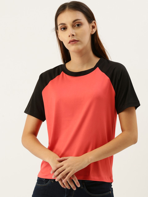 

DressBerry Women Coral Orange Solid Round Neck T-shirt with Contrast Sleeve