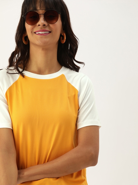 

DressBerry Women Mustard Yellow Solid Round Neck T-shirt with Contrast Sleeve