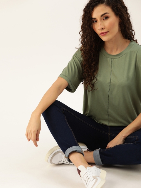 

DressBerry Women Olive Green Solid Round Neck T-shirt